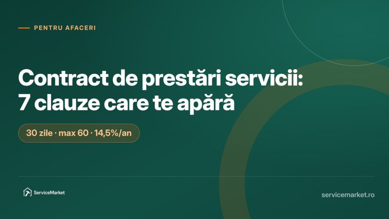 Grafic cu titlul ghidului despre clauzele esențiale dintr-un contract de prestări servicii în România