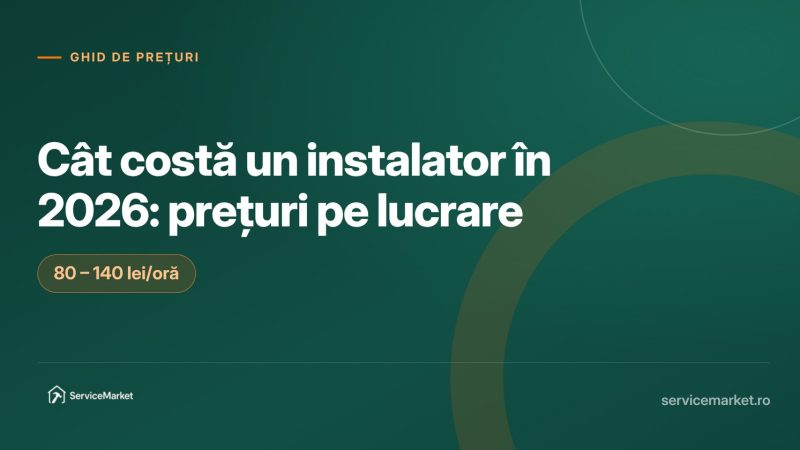 Instalator care montează o baterie de chiuvetă, alături de lista prețurilor pentru instalații sanitare în 2026