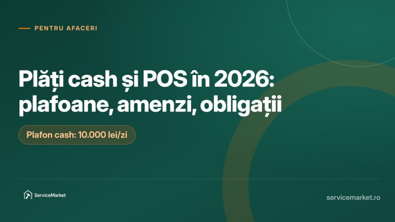 Grafică cu textul Plăți cash și POS în 2026, plafoane și amenzi pentru firme mici de servicii